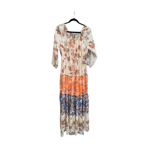Figueroa & Flower Tiered Maxi Floral Print Patchwork Oversized 3/4 Puff Sleeves - Picture 2 of 14